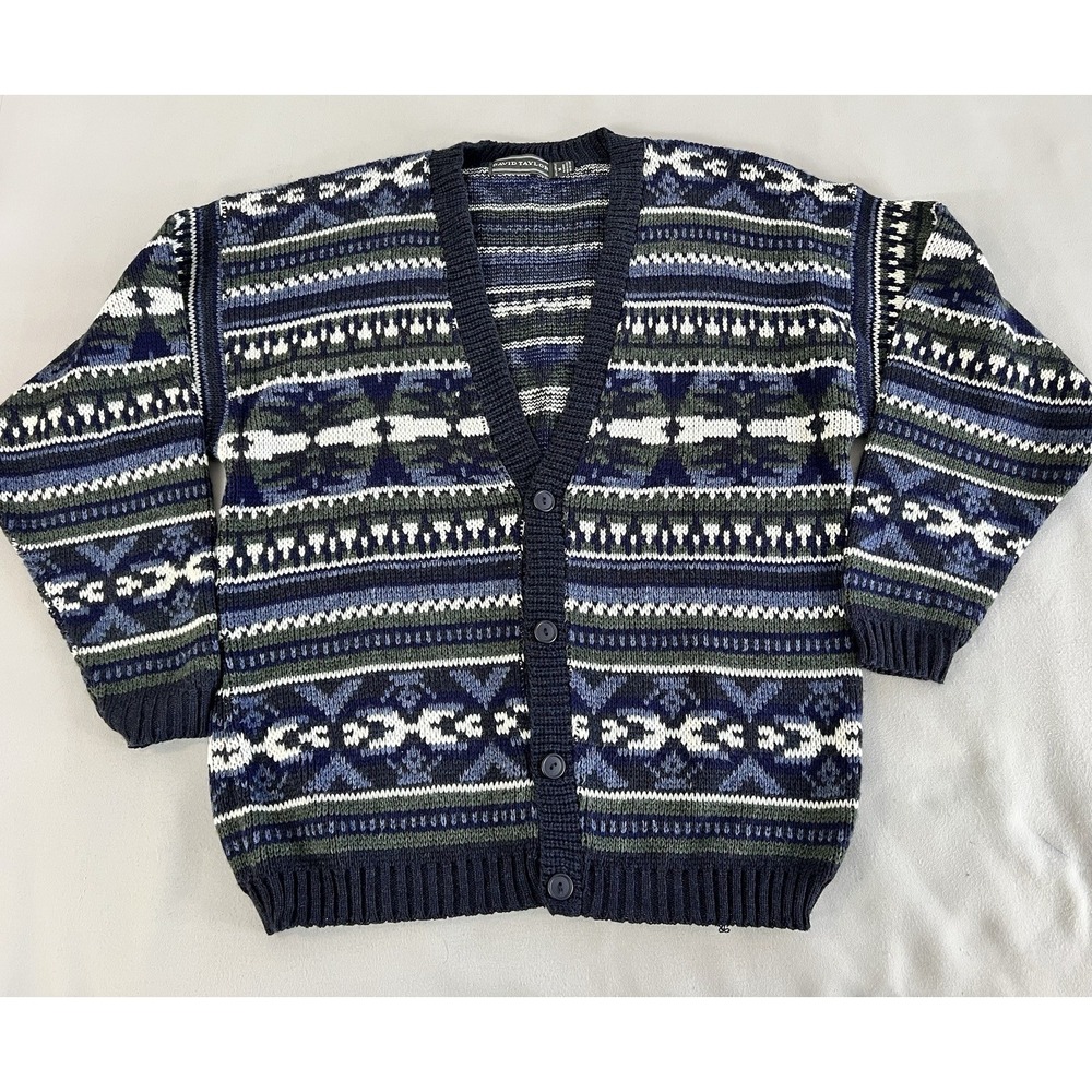 Vtg DAVID TAYLOR Cardigan Sweater Mens M Geometric Knit 90s Grandpa Acrylic‎ Y2K